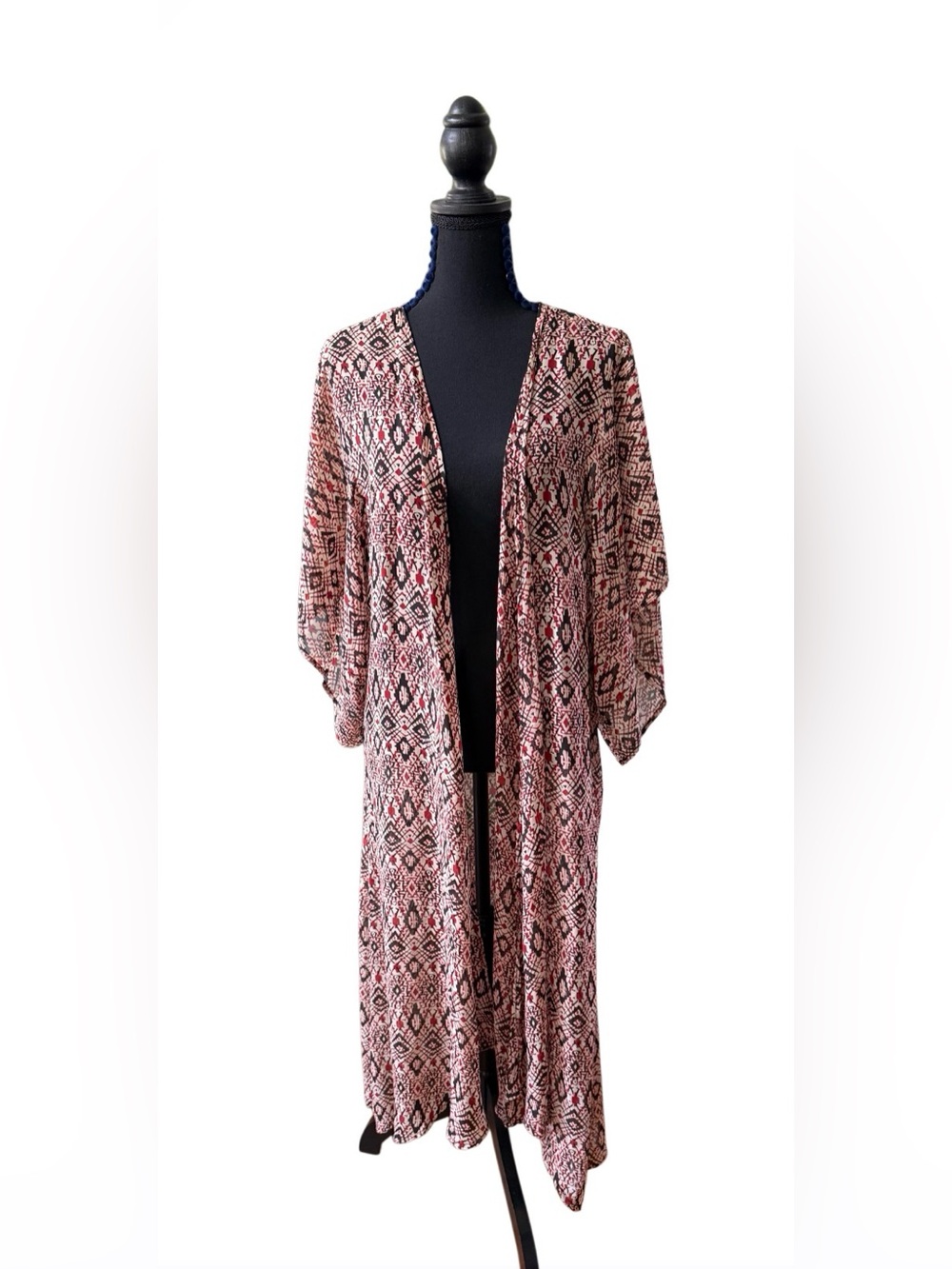 one clothing Red & Black Open-Front Printed Kimono Duster